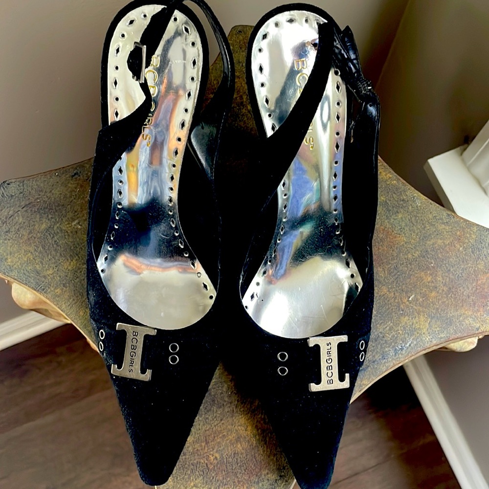 BCB Girls 8 1/2 dressy black suede heels .
